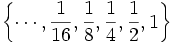  \left\{ \cdots,  \frac{1}{16},  \frac{1}{8},  \frac{1}{4},  \frac{1}{2},  1 \right\}